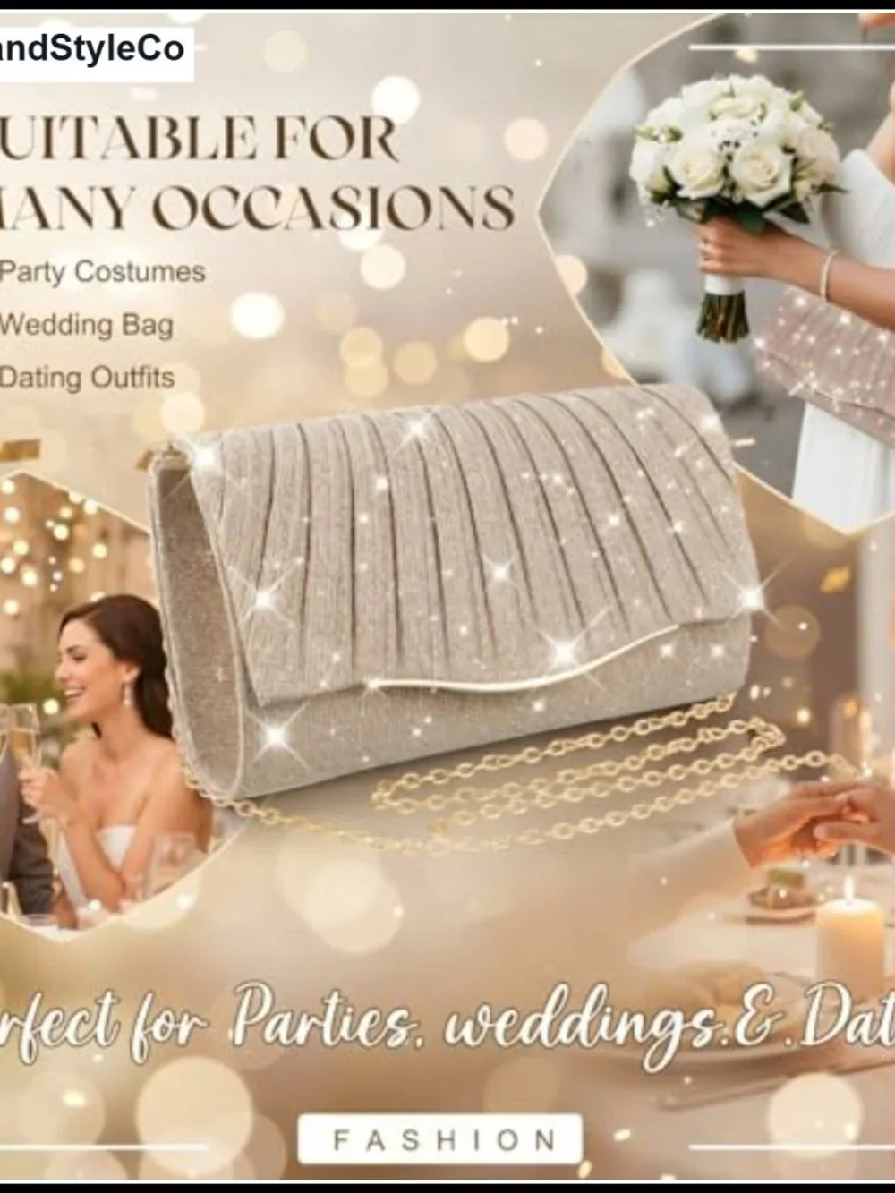 Champagne Sequin Evening Clutch Pleated Wristlet with Gold Chain - Formal